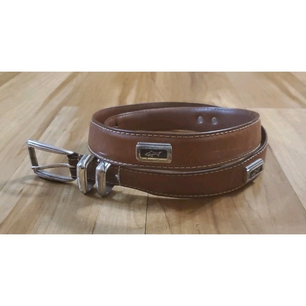 Vintage Greg Noman Brown Leather BELT Golf Shark Logo Conchos Men Size 40‎